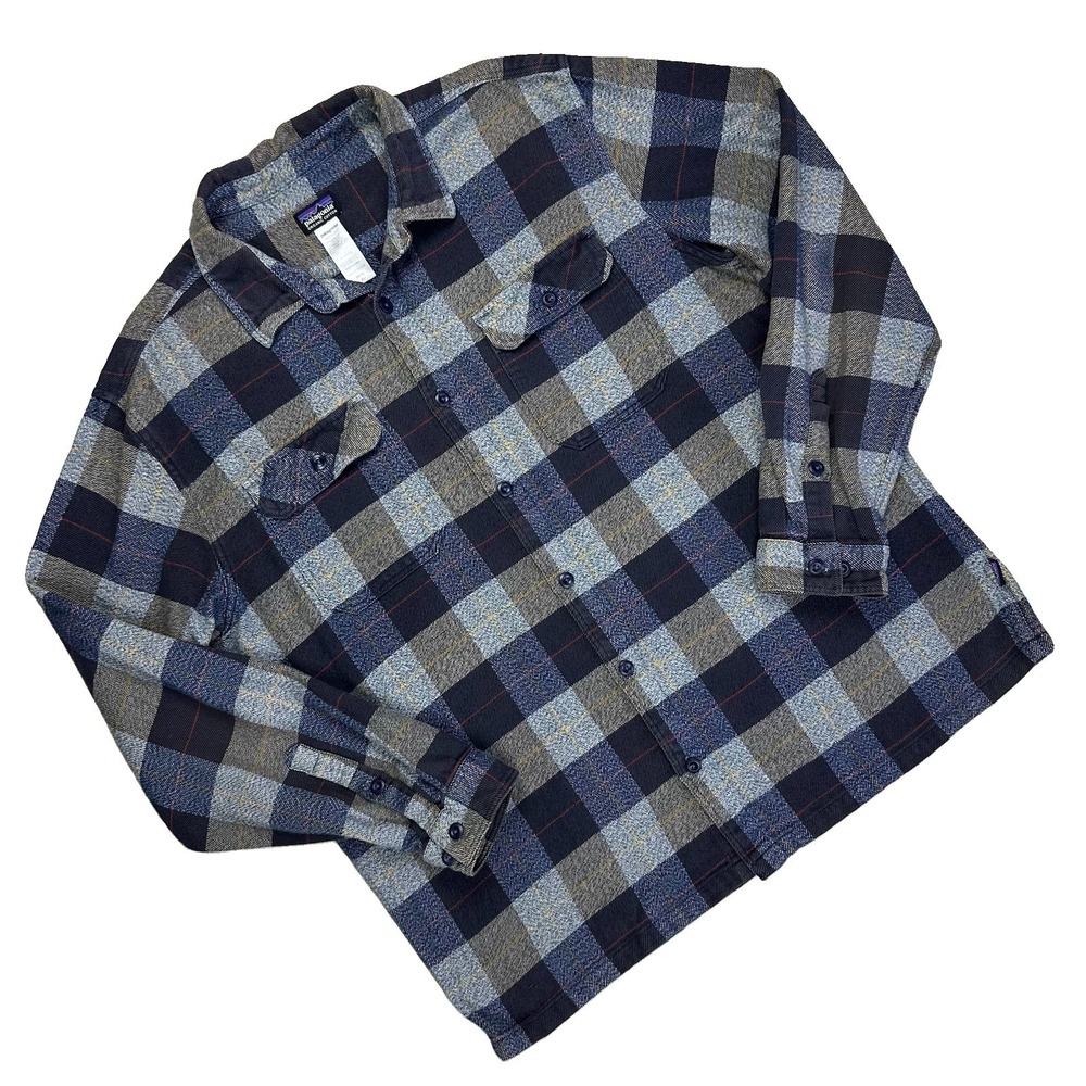Patagonia Fjord Flannel Organic Cotton Plaid Button Shirt Knit Men XL Blue Gray